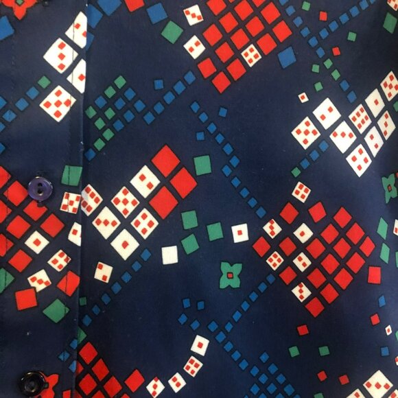 Sears Perma Press Vtg Womens Sz 12 Button Up Polyester Top Pointed Color Navy Di - Picture 2 of 9